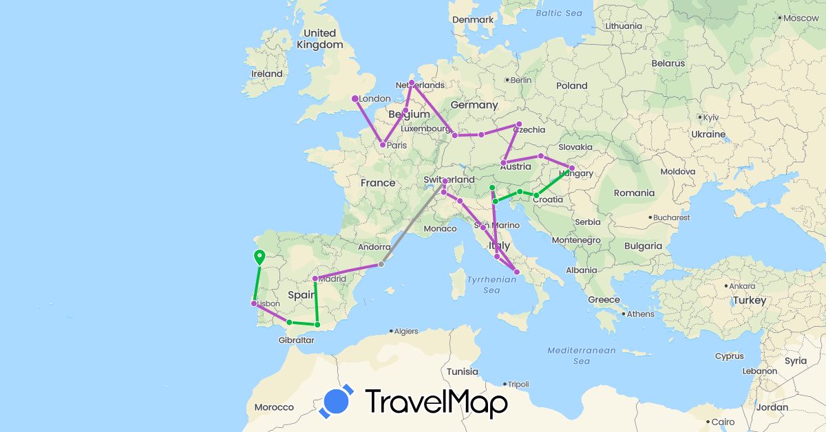 TravelMap itinerary: driving, bus, plane, train in Austria, Belgium, Switzerland, Czech Republic, Germany, Spain, France, United Kingdom, Croatia, Hungary, Italy, Netherlands, Portugal, Slovenia (Europe)